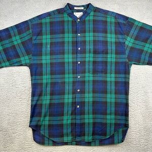 Goouch Shirt Mens Extra Large Blue Green Plaid Button Up Mock  Neck Short Sleeve